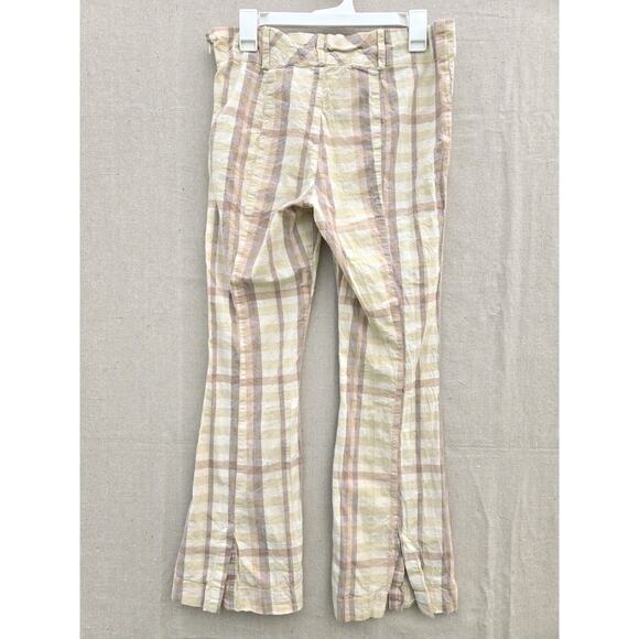 Free People The Way You Move Natural Plaid Linen Pants Edgy 70s Boho Size 12 - Picture 2 of 12